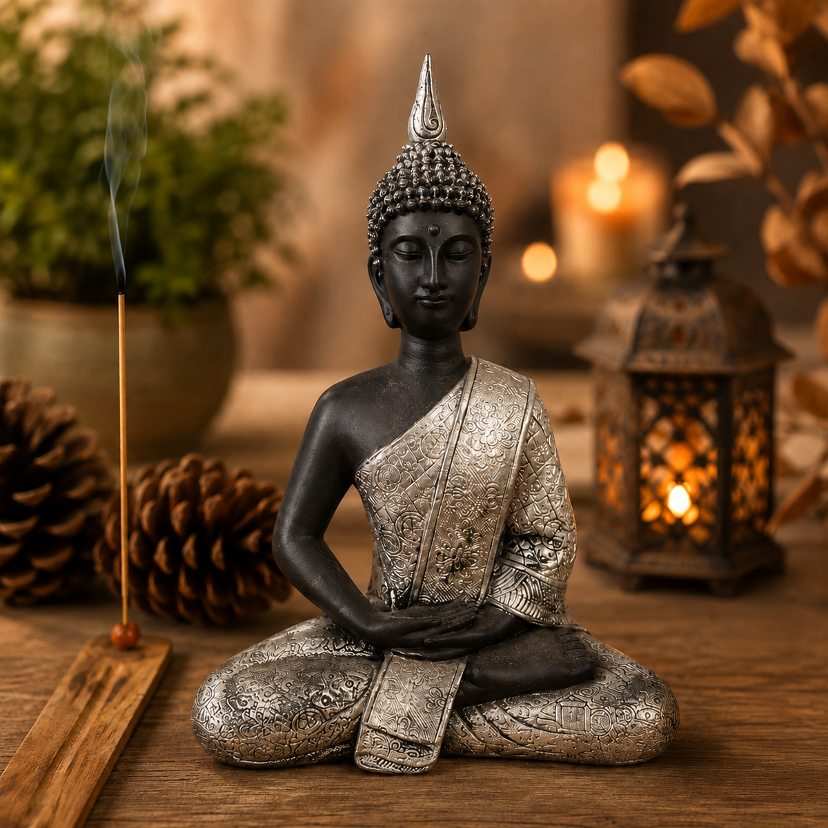 BUDA DE MEDITACIÓN NEGRO Y PLATEADO (28 CM DE LARGO)