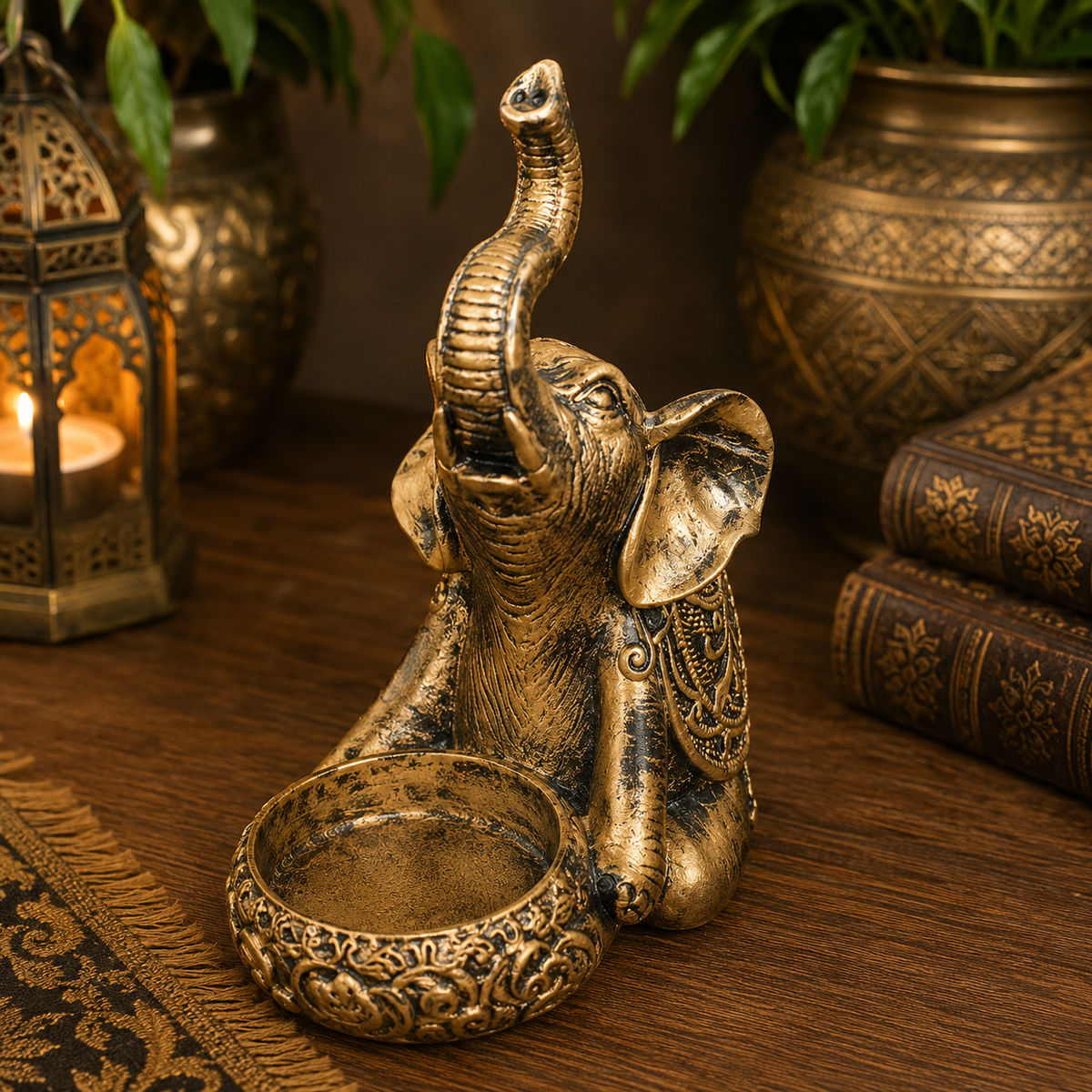 ELEFANTE DORADO DECORATIVO CON RECIPIENTE   (ALTO 12CM)