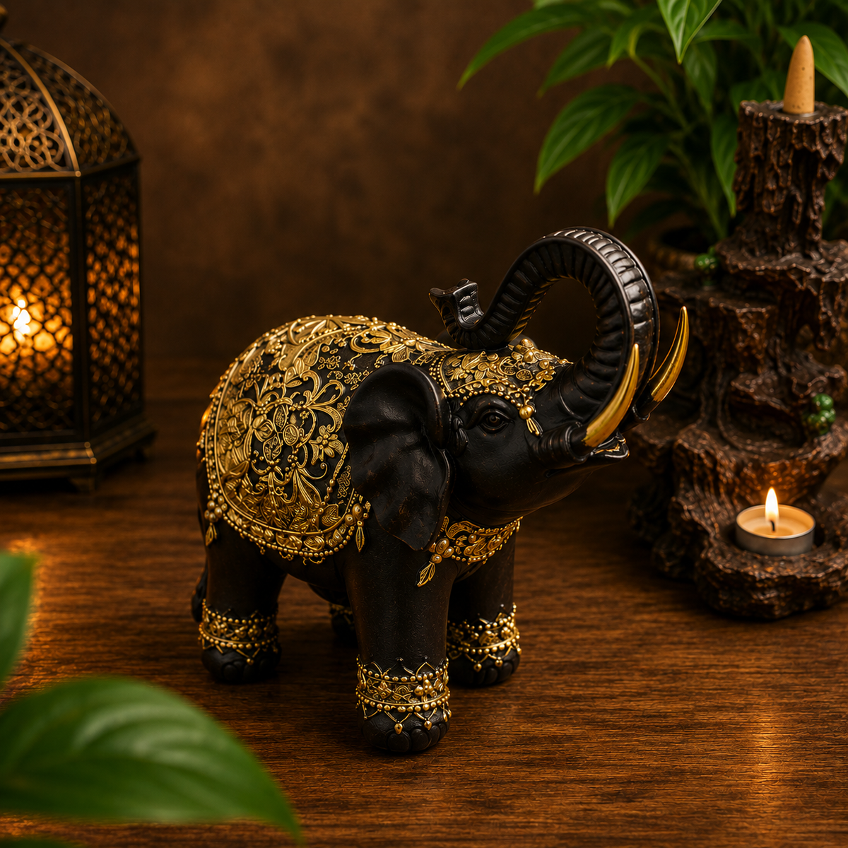 ELEFANTE DECORATIVO NEGRO Y DORADO  (10CM DE LARGO)