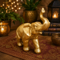 ELEFANTE DORADO CON TROMPA ELEVADA  (20 CM DE LARGO)